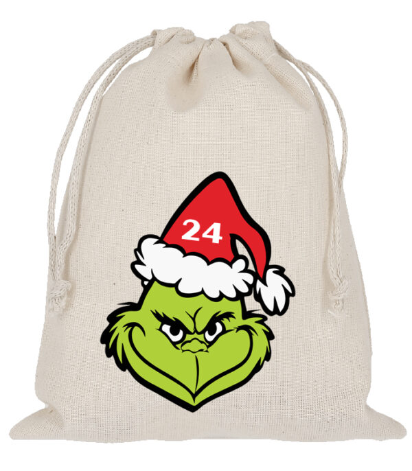 Baumwoll Saeckchen Mit Gruenem Monster Gesicht Weihnachtsmannhut Und Zahl 24 Fuer Den Adventskalender