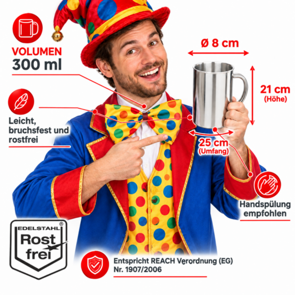 Edelstahl Bierkrug 300 Ml Im Bunten Faschingskostuem – Produktgrafik Mit Massen Eigenschaften Und Hinweisen Zu Rostfreiem Edelstahl Und Handspuelung Edelstahl Bierkrug 300 Ml Im Bunten Faschingskostuem – Produktgrafik Mit Massen Eigenschaften Und Hinweisen Zu Rostfreiem Edelstahl Und Handspuelung