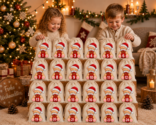 Kinder Teddy Mit Bart Adventskalender Mit 24 Baumwoll Saeckchen Zum Befuellen. Wiederverwendbar Liebevoll Gestaltet Und Perfekt Fuer Kinder Erwachsene. Jetzt Entdecken
