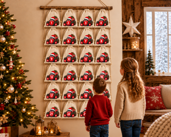 Kinder Entdecken Einen Rennwagen Adventskalender Mit 24 Baumwoll Saeckchen Und Nummerierten Beutel