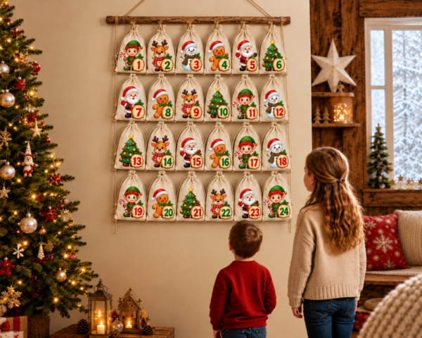 Kinder Entdecken Einen Wichtel Rentier Teddy Adventskalender Mit 24 Baumwoll Saeckchen Und Nummerierten Beutel