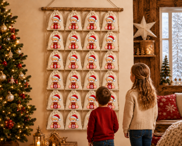 Kinder Mit Teddy Mit Bart Adventskalender An Der Wand Mit 24 Baumwoll Saeckchen Zum Befuellen. Wiederverwendbar Liebevoll Gestaltet Und Perfekt Fuer Kinder Erwachsene. Jetzt Entdecken
