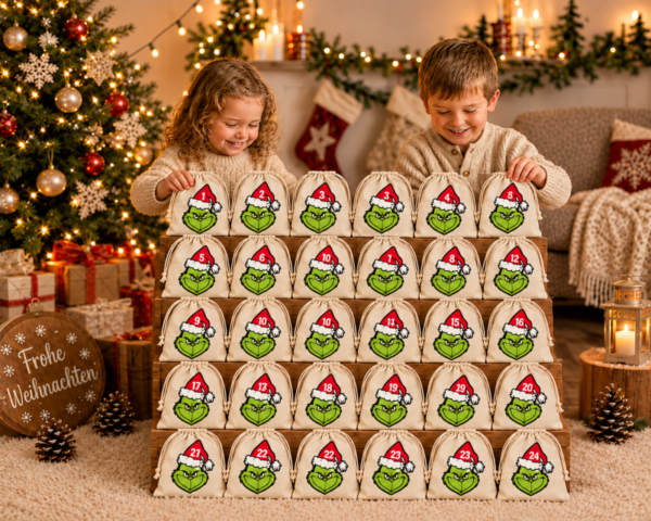 Kinder Mit Gruenem Monster Gesicht Adventskalender Mit 24 Baumwoll Saeckchen Zum Befuellen. Wiederverwendbar Liebevoll Gestaltet Und Perfekt Fuer Kinder Erwachsene. Jetzt Entdecken