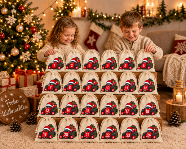 Kinder Oeffnen Rennwagen Adventskalender Mit 24 Baumwoll Saeckchen Zum Selbstbefuellen An Weihnachten