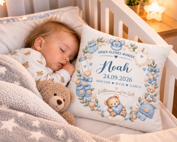 Schlafendes Baby Mit Willkommen Noah Kissen