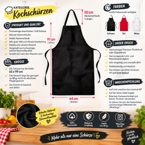 Schwarze Koch Und Grillschuerze Aus Hochwertiger Baumwolle 65 X 99 Cm Personalisierbar Mit Premium Flock Oder Digitaldruck Erhaeltlich In Schwarz Rot Und Weiss