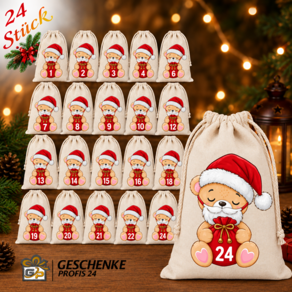 Teddy Mit Bart Adventskalender Mit 24 Baumwoll Saeckchen Zum Befuellen. Wiederverwendbar Liebevoll Gestaltet Und Perfekt Fuer Kinder Erwachsene. Jetzt Entdecken