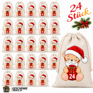 Teddy Mit Bart Adventskalender Mit 24 Baumwoll Saeckchen Zum Befuellen. Wiederverwendbar Liebevoll Gestaltet Und Perfekt Fuer Kinder Erwachsene. Jetzt Entdecken