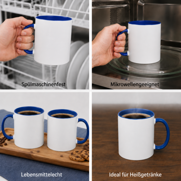 Weisse Kaffeetasse Mit Blauem Henkel Und Blauem Innenrand – Produktuebersicht Mit Hinweisen Zu Spuelmaschinenfestigkeit Mikrowelleneignung Lebensmittelechtheit Und Eignung Fuer Heissgetraenke