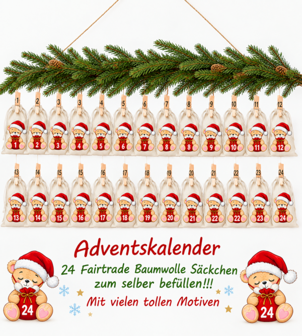 Zweig Teddy Mit Bart Adventskalender Mit 24 Baumwoll Saeckchen Zum Befuellen. Wiederverwendbar Liebevoll Gestaltet Und Perfekt Fuer Kinder Erwachsene. Jetzt Entdecken