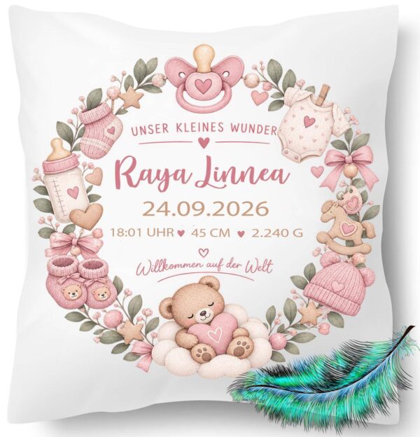 Personalisiertes Babykissen zur Geburt mit dem Namen Geburtsdatum und Geburtsdaten. Liebevolle Aquarellillustration mit einem niedlichen Teddybären, Baby Artikel Herzen und Sternen in warmen Beige- und Salbeitönen – ein zauberhaftes Erinnerungsstück zur Geburt.